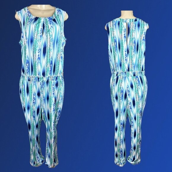 Kate & Mallory L Blue-Teal Print Shirred Waist Slit Back Sleeveless Jumpsuit - Picture 1 of 6